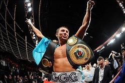 Nov 2, 2013; New York, NY, USA; Gennady Golovkin celebrates his victory over Curtis Stevens after their middleweight world championship bout at The Theater at Madison Square Garden. Golovkin won after the fight was stopped after the eighth round. Mandator
