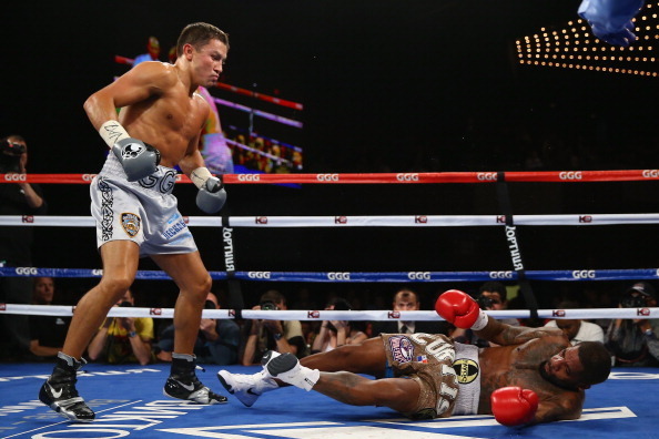NEW YORK, NY - NOVEMBER 02:  Gennady Golovkin knocks down Curtis Stevens in the second round during their WBA Middleweight Title fight at The Theater at Madison Square Garden on November 2, 2013 in New York City.  (Photo by Al Bello/Getty Images)
