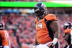 January 19, 2014; Denver, CO, USA; Denver Broncos defensive tackle Terrance Knighton (94) celebrates after sacking New England Patriots quarterback Tom Brady (12) in the second half of the 2013 AFC Championship football game at Sports Authority Field at M