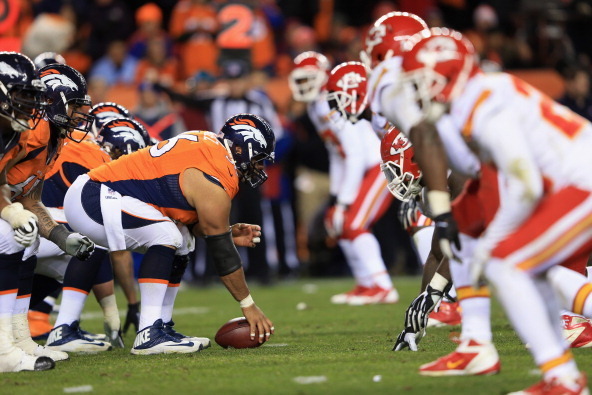 DENVER, CO - NOVEMBER 17:  The Denver Broncos offense faces off against the Kansas City Chiefs defense on the line of scrimmage at Sports Authority Field at Mile High on November 17, 2013 in Denver, Colorado. The Broncos defeated the Chiefs 27-17.  (Photo