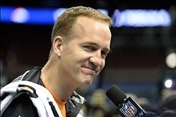 Jan 28, 2014; Newark, NJ, USA; Denver Broncos quarterback Peyton Manning speaks to the media during Media Day for Super Bowl XLVIII at Prudential Center. Mandatory Credit: Robert Deutsch-USA TODAY Sports
