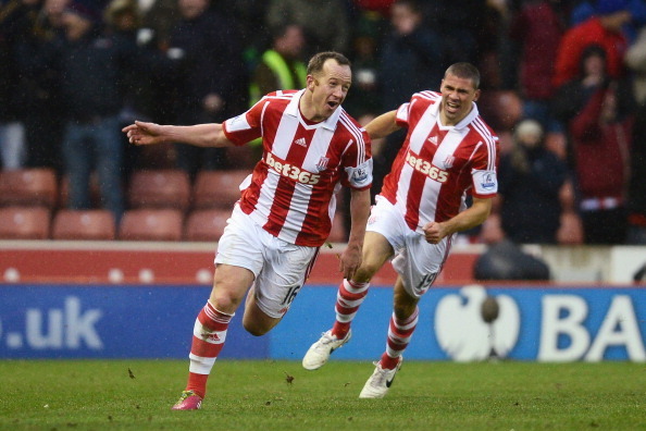STOKE ON TRENT, ENGLAND - FEBRUARY 01:  Charlie Adam of Stoke City celebrates scoring his second goal during the Barclays Premier League match between Stoke City and Manchester United at Britannia Stadium on February 1, 2014 in Stoke on Trent, England.  (