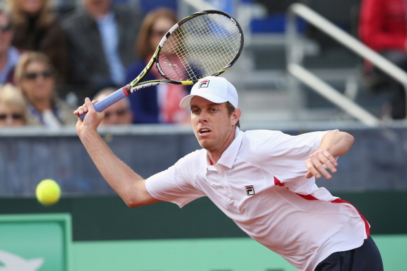 SAN DIEGO, CA - JANUARY 31:  Sam Querrey of the United States plays a forehand against James Ward of Great Britain during day one of the Davis Cup World Group first round between the U.S. and Great Britain at PETCO Park on January 31, 2014 in San Diego, C