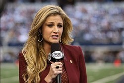 Nov 22, 2012; Arlington, TX, USA; Fox reporter Erin Andrews on air prior to the kick-off of the Dallas Cowboys playing against the Washington Redskins during a game on Thanksgiving at Cowboys Stadium. The Redskins beat the Cowboys 38-31. Mandatory Credit: