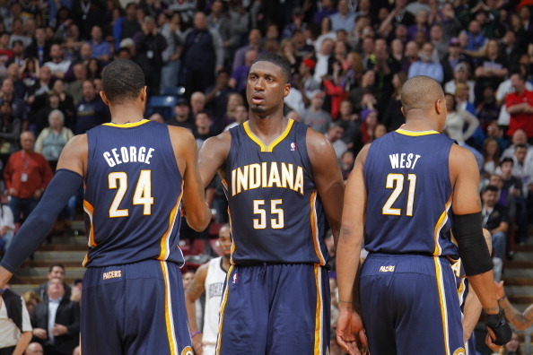 SACRAMENTO, CA - JANUARY 24: Paul George #24, Roy Hibbert #55 and David West #21 of the Indiana Pacers in a game against the Sacramento Kings on January 24, 2014 at Sleep Train Arena in Sacramento, California. NOTE TO USER: User expressly acknowledges and