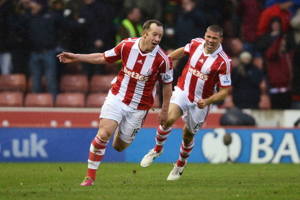 STOKE ON TRENT, ENGLAND - FEBRUARY 01:  Charlie Adam of Stoke City celebrates scoring his second goal during the Barclays Premier League match between Stoke City and Manchester United at Britannia Stadium on February 1, 2014 in Stoke on Trent, England.  (