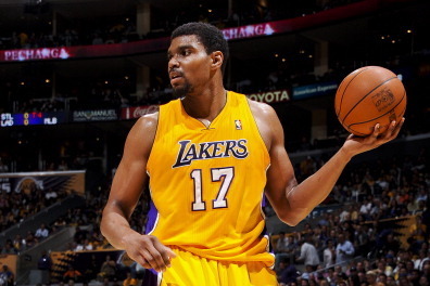 LOS ANGELES, CA - MAY 19: Andrew Bynum #17 of the Los Angeles Lakers controls the ball against the Oklahoma City Thunder in Game Four of the Western Conference Semifinals during the 2012 NBA Playoffs at Staples Center on May 19, 2012 in Los Angeles, Calif