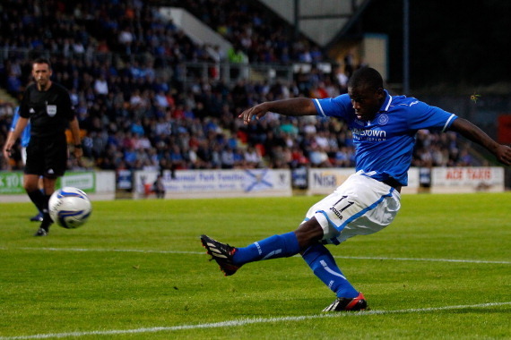 PERTH, UNITED KINGDOM - AUGUST 08: Nigel Hasselbaink of St Johnstone in action during the UEFA Europa League third qualifying round second leg match between St Johnstone and FC Minsk at McDiarmid Park stadium on August 8, 2013 in Perth, Scotland. (Photo b