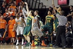 Feb 1, 2014; Stillwater, OK, USA;  Baylor Bears guard Brady Heslip (5) shoots the ball in the second half against the Oklahoma State Cowboys at Gallagher-Iba Arena.  Baylor beat Oklahoma State 76-70. Mandatory Credit: Tim Heitman-USA TODAY Sports
