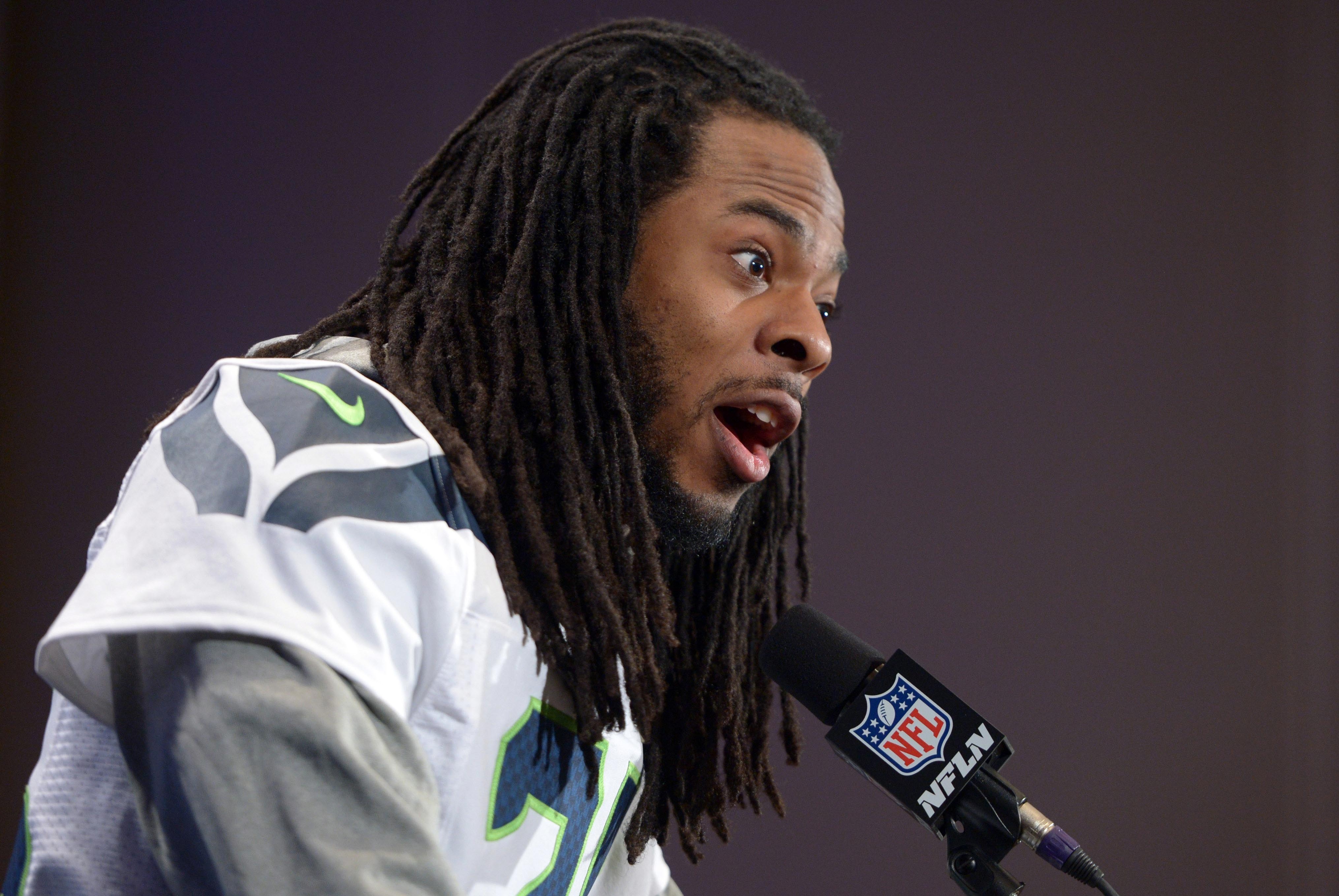 Jan 30, 2014; Jersey City, NJ, USA; Seattle Seahawks cornerback Richard Sherman (25) at a press conference at The Westin in advance of Super Bowl XLVIII. Mandatory Credit: Kirby Lee-USA TODAY Sports