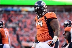 January 19, 2014; Denver, CO, USA; Denver Broncos defensive tackle Terrance Knighton (94) celebrates after sacking New England Patriots quarterback Tom Brady (12) in the second half of the 2013 AFC Championship football game at Sports Authority Field at M