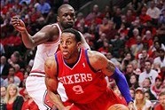 May 8, 2012; Chicago, IL, USA;  Philadelphia 76ers small forward Andre Iguodala (9) drives past Chicago Bulls small forward Luol Deng (9) during the second half of game five in the Eastern Conference quarterfinals of the 2012 NBA Playoffs at the United Ce