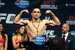 Jan 31, 2014; Newark, NJ, USA; Ricardo Lamas and Jose Aldo (not pictured) weigh in for their Featherweight Championship bout at Prudential Center. Mandatory Credit: Joe Camporeale-USA TODAY Sports