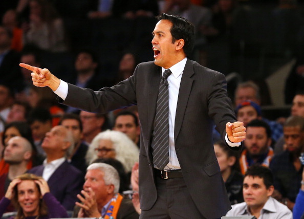 NEW YORK, NY - FEBRUARY 1: Head coach Erik Spoelstra of the Miami Heat yells to his team during the second half of a game against the New York Knicks at Madison Square Garden on February. 1, 2014 in New York City. The Heat defeated the Knicks 106-91. NOTE