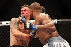 Feb 1, 2014; Newark, NJ, USA; Frank Mir (red gloves) fights Alistair Overeem (blue gloves) during UFC169 at Prudential Center. Mandatory Credit: Joe Camporeale-USA TODAY Sports