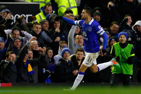 LIVERPOOL, ENGLAND - FEBRUARY 01: Kevin Mirallas of Everton celebrates after scoring a goal during the Barclays Premier League match between Everton and Aston Villa at Goodison Park on February 1, 2014 in Liverpool, England. (Photo by Paul Thomas/Getty Im