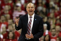 Feb 1, 2014; Madison, WI, USA; Ohio State Buckeyes head coach Thad Matta disputes a referee's call during the game with the Wisconsin Badgers at the Kohl Center. Ohio State defeated Wisconsin 59-58. Mandatory Credit: Mary Langenfeld-USA TODAY Sports