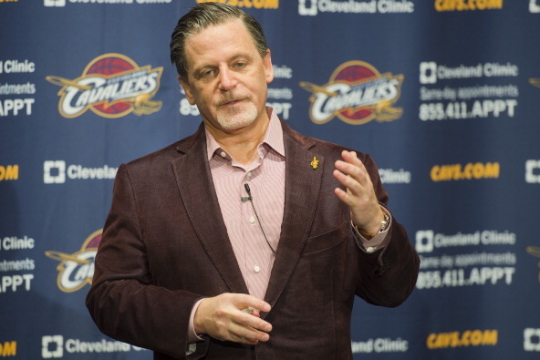 CLEVELAND, OH - OCTOBER 30: Team owner Dan Gilbert of the Cleveland Cavaliers talks to the media prior to the game against the Brooklyn Nets at Quicken Loans Arena on October 30, 2013 in Cleveland, Ohio. NOTE TO USER: User expressly acknowledges and agree
