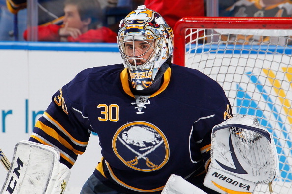 BUFFALO, NY - OCTOBER 23: Ryan Miller #30 of the Buffalo Sabres tends goal against the Boston Bruins on October 23, 2013 at the First Niagara Center in Buffalo, New York.  (Photo by Bill Wippert/NHLI via Getty Images)