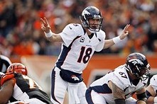 Nov 4, 2012; Cincinnati, OH, USA; Denver Broncos quarterback Peyton Manning (18) calls out a signal at the line during the first half against the Cincinnati Bengals at Paul Brown Stadium. Mandatory Credit: Frank Victores-USA TODAY Sports