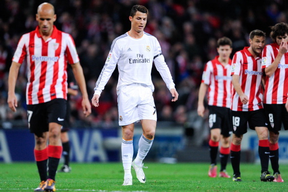 BILBAO, SPAIN - FEBRUARY 02:  Cristiano Ronaldo of Real Madrid CF reacts dejected during the La Liga match between Athletic Club and real Madrid CF at San Mames Stadium on February 2, 2014 in Bilbao, Spain.  (Photo by David Ramos/Getty Images)