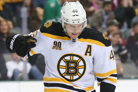 DALLAS, TX - JANUARY 16:  David Krejci #46 of the Boston Bruins celebrates his goal against the Dallas Stars in the second period at American Airlines Center on January 16, 2014 in Dallas, Texas.  (Photo by Ronald Martinez/Getty Images)
