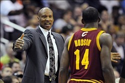 Apr 14, 2012; Washington, DC, USA; Cleveland Cavaliers head coach Byron Scott provides instruction to guard Lester Hudson (14) during the game against the Washington Wizards during the first half at the Verizon Center. Mandatory Credit: Brad Mills-USA TOD