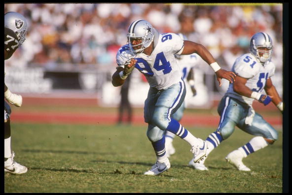 25 Oct 1992:  Defensive lineman Charles Haley of the Dallas Cowboys moves down the field during a game against the Los Angeles Raiders at the Los Angeles Memorial Coliseum in Los Angeles, California.  The Cowboys won the game, 28-13. Mandatory Credit: Ste