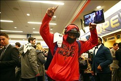 Feb 2, 2014; East Rutherford, NJ, USA; Seattle Seahawks running back Marshawn Lynch celebrates in the locker room after Super Bowl XLVIII against the Denver Broncos at MetLife Stadium.  Mandatory Credit: Mark J. Rebilas-USA TODAY Sports
