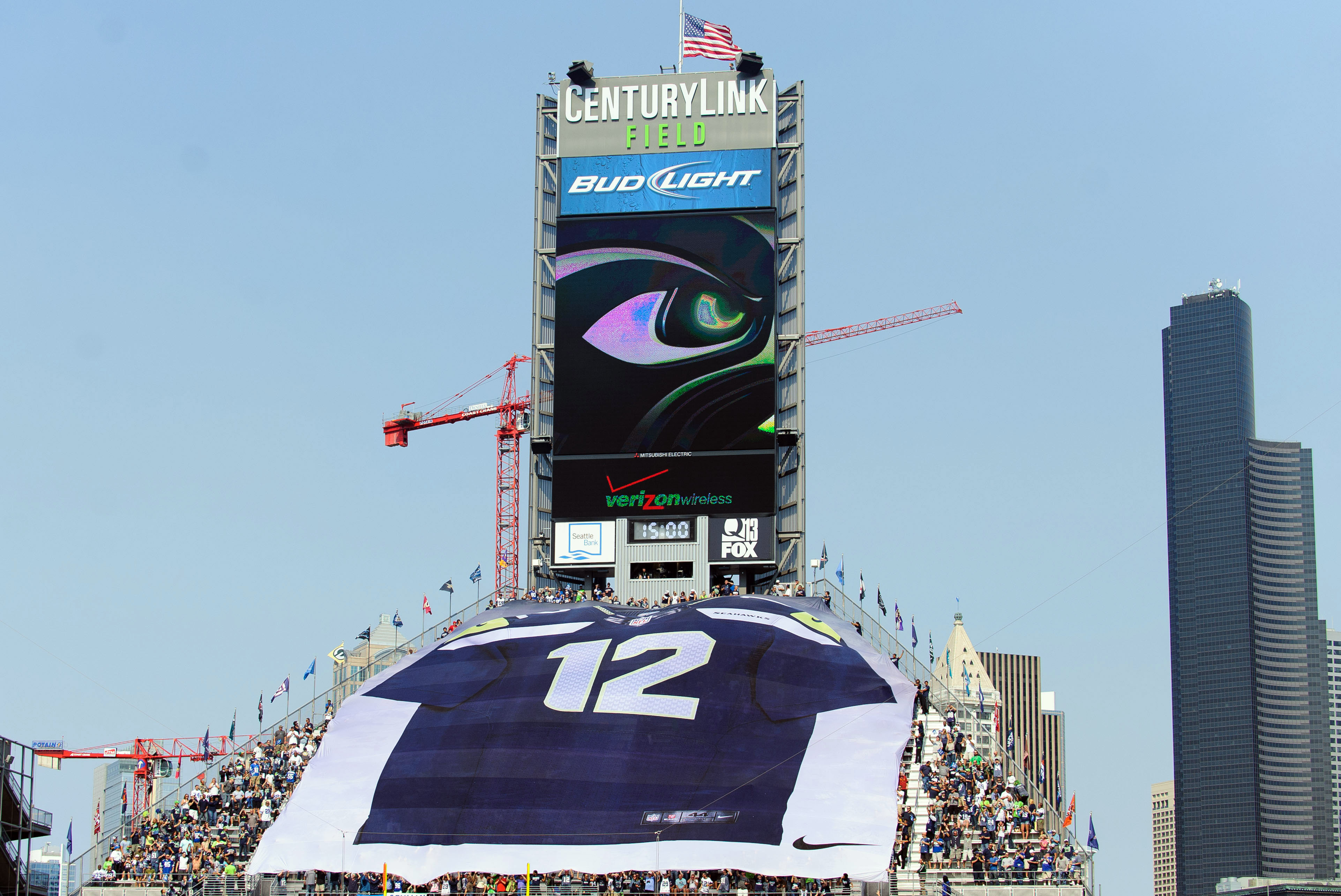 Sep 16, 2012; Seattle, WA, USA; A 12th Man tiff is displayed prior to the first kickoff between the Seattle Seahawks and the Dallas Cowboys at CenturyLink Field. Mandatory Credit: Steven Bisig-USA TODAY Sports