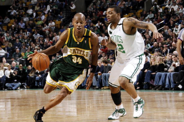BOSTON - MARCH 9:  Ray Allen #34 of the Seattle SuperSonics drives past Allen Ray #12 of the Boston Celtics on March 9, 2007 at the TD Banknorth Garden in Boston, Massachusetts.  NOTE TO USER: User expressly acknowledges and agrees that, by downloading an