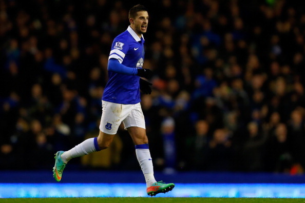 LIVERPOOL, ENGLAND - FEBRUARY 01: Kevin Mirallas of Everton celebrates after scoring a goal during the Barclays Premier League match between Everton and Aston Villa at Goodison Park on February 1, 2014 in Liverpool, England. (Photo by Paul Thomas/Getty Im