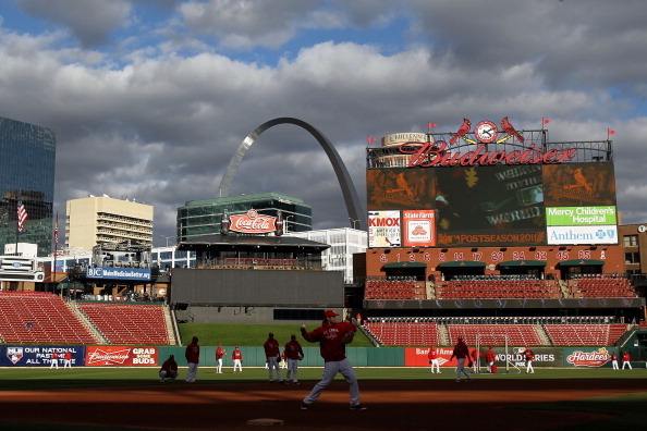 ST LOUIS, MO - OCTOBER 20:  The St. Louis Cardinals practice on the field prior to Game Two of the MLB World Series against the Texas Rangers at Busch Stadium on October 20, 2011 in St Louis, Missouri.  (Photo by Ezra Shaw/Getty Images)