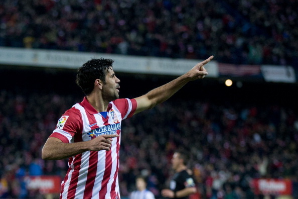 MADRID, SPAIN - FEBRUARY 02:  Diego Costa of Atletico de Madrid celebrates scoring their second goal during the La Liga match between Club Atletico de Madrid and Real Sociedad de Futbol at Vicente Calderon Stadium on February 2, 2014 in Madrid, Spain.  (P