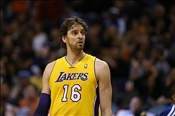 Jan. 30, 2013; Phoenix, AZ, USA: Los Angeles Lakers forward Pau Gasol (16) against the Phoenix Suns at the US Airways Center. Mandatory Credit: Mark J. Rebilas-USA TODAY Sports