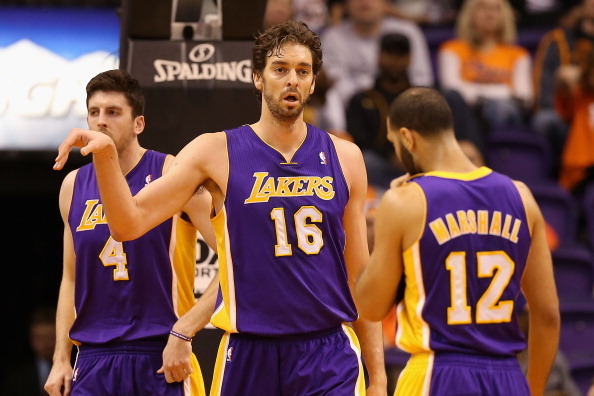PHOENIX, AZ - JANUARY 15:  Pau Gasol #16 of the Los Angeles Lakers during the NBA game against the Phoenix Suns at US Airways Center on January 15, 2014 in Phoenix, Arizona.  The Suns defeated the Lakers 121-114. NOTE TO USER: User expressly acknowledges 