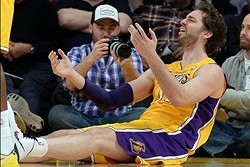 Jan 14, 2014; Los Angeles, CA, USA; Los Angeles Lakers center Pau Gasol (16) looks for a foul call in the second half of the game against the Cleveland Cavaliers at Staples Center. Cleveland Cavaliers won 120-118. Mandatory Credit: Jayne Kamin-Oncea-USA T