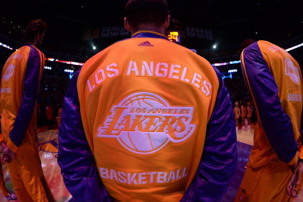 LOS ANGELES, CA - OCTOBER 29: Steve Nash #10 of the Los Angeles Lakers stands during the performance of the National Anthem before facing the Los Angeles Clippers at Staples Center on October 29, 2013 in Los Angeles, California. NOTE TO USER: User express