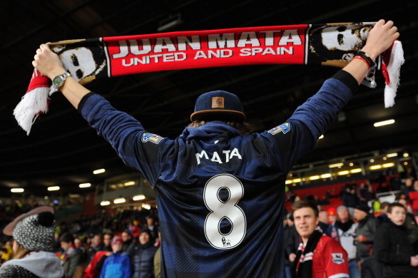 MANCHESTER, ENGLAND - JANUARY 28:  A Manchester United fan show his support for new signing Juan Mata prior to the Barclays Premier League match between Manchester United and Cardiff City at Old Trafford on January 28, 2014 in Manchester, England.  (Photo