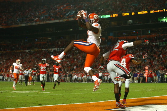 MIAMI GARDENS, FL - JANUARY 03:  Sammy Watkins #2 of the Clemson Tigers catches a touchdown in the third quarter against Doran Grant #12 of the Ohio State Buckeyes during the Discover Orange Bowl at Sun Life Stadium on January 3, 2014 in Miami Gardens, Fl