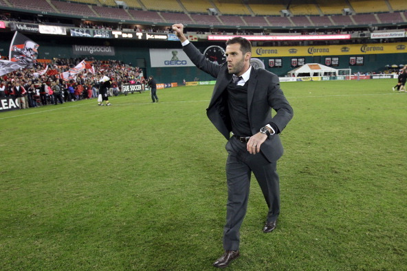 WASHINGTON, DC - OCTOBER 20: Head coach Ben Olsen of DC United celebrates after the game against the Columbus Crew at RFK Stadium on October 20, 2012 in Washington, DC. DC United won 3-2. (Photo by Ned Dishman/Getty Images)