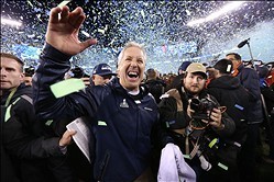Feb 2, 2014; East Rutherford, NJ, USA; Seattle Seahawks head coach Pete Carroll celebrates after winning Super Bowl XLVIII against the Denver Broncos at MetLife Stadium. Seattle Seahawks won 43-8. Mandatory Credit: Matthew Emmons-USA TODAY Sports