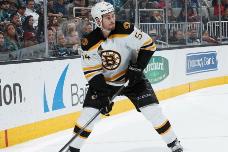 SAN JOSE, CA - JANUARY 11: Adam McQuaid #54 of the Boston Bruins handles the puck against the San Jose Sharks during an NHL game on January 11, 2014 at SAP Center in San Jose, California. (Photo by Don Smith/NHLI via Getty Images)