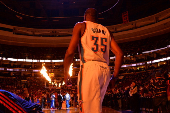 PHILADELPHIA, PA - JANUARY 25: Kevin Durant #35 of the Oklahoma City Thunder looks on against the Philadelphia 76ers at the Wells Fargo Center on January 25, 2014 in Philadelphia, Pennsylvania. NOTE TO USER: User expressly acknowledges and agrees that, by