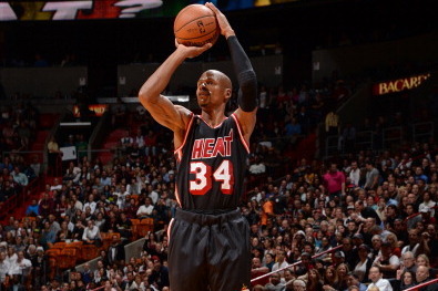 MIAMI, FL- JANUARY 23:  Ray Allen #34 of the Miami Heat shoots the ball against the Los Angeles Lakers at the American Airlines Arena in Miami, Florida on January 23, 2014.  NOTE TO USER: User expressly acknowledges and agrees that, by downloading and or 