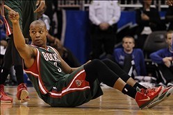 Jan 31, 2014; Orlando, FL, USA; Milwaukee Bucks small forward Caron Butler (3) reacts from the court against the Orlando Magic during the second half at Amway Center. Orlando Magic won 113-102.  Mandatory Credit: Kim Klement-USA TODAY Sports