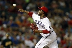 Sep 13, 2013; Arlington, TX, USA; Texas Rangers relief pitcher Neftali Feliz (30) throws a pitch in the seventh inning of the game against the Oakland Athletics at Rangers Ballpark in Arlington. Mandatory Credit: Tim Heitman-USA TODAY Sports