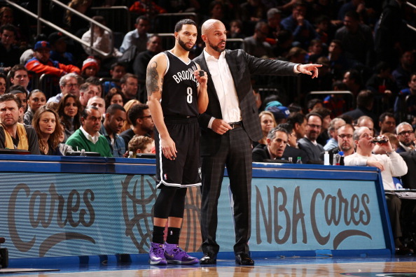 NEW YORK, NY - JANUARY 20: Head Coach Jason Kidd of the Brooklyn Nets instructs player Deron Williams #8 during a game against the New York Knicks at Madison Square Garden in New York City on January 20, 2014.  NOTE TO USER: User expressly acknowledges an