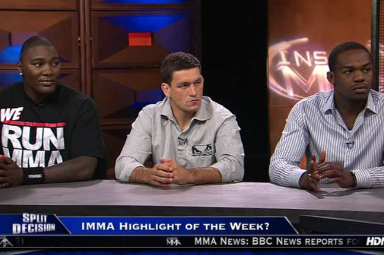 From left to right: Johnson (then welterweight), Demian Maia (then middleweight), Jon Jones (light heavyweight champion)