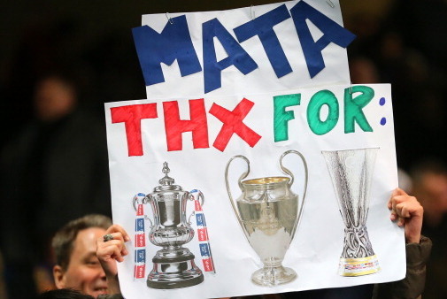 LONDON, ENGLAND - JANUARY 29:  A Chelsea fan shows her thanks for former Chelsea player Juan Mata during the Barclays Premier League match between Chelsea and West Ham United at Stamford Bridge on January 29, 2014 in London, England.  (Photo by Ian Walton